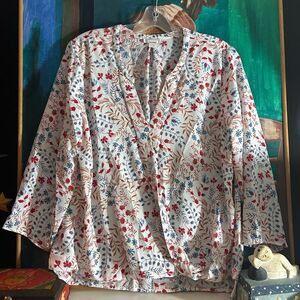 Floral V-Neck Blouse - Red, Blue, Tan